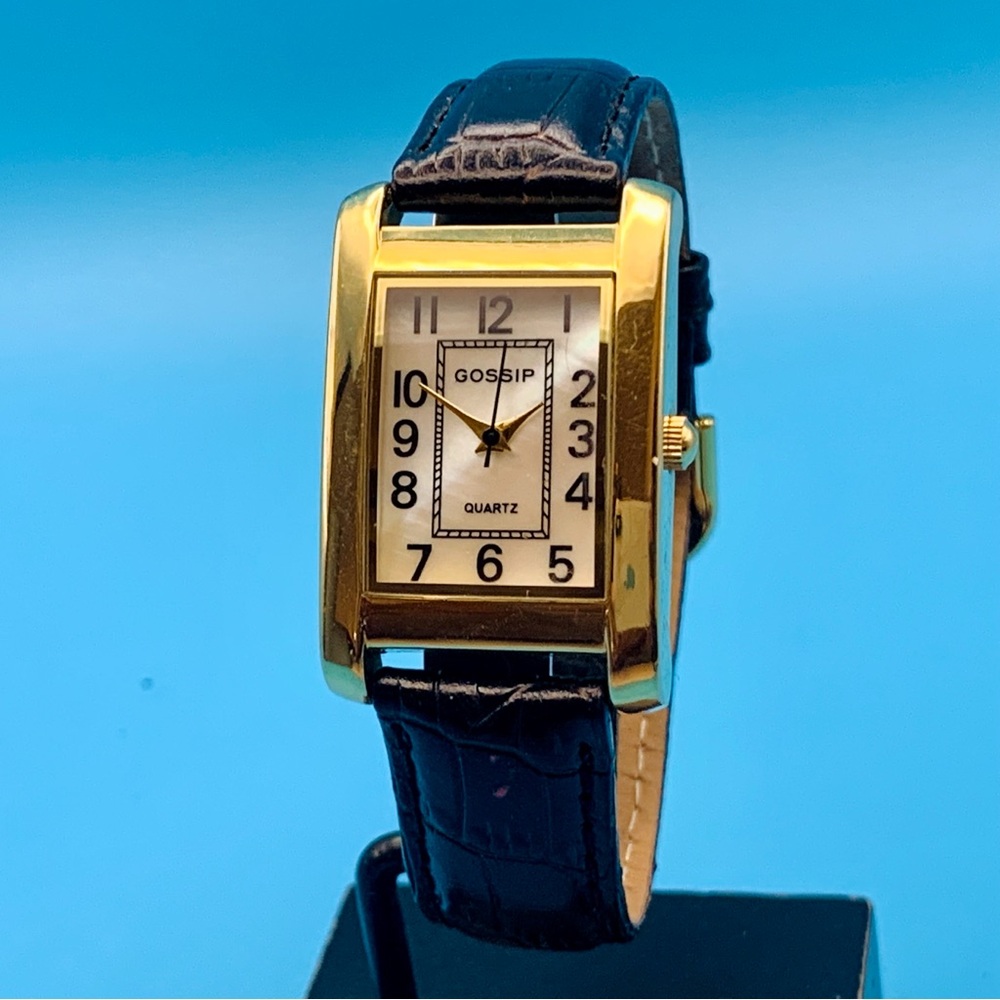 GOSSIP Women’s Tank Wristwatch MOP Dial  Japan Movt Leather Strap Works New Batt